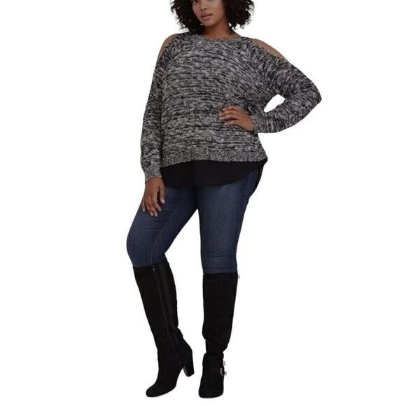 Torrid Marled Cold Shoulder Split Back Sweater Top Black White Size 1 (14-16) - Picture 1 of 7